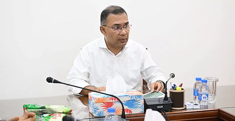 Prime Minister Tarique Rahman at a meeting in the Cabinet Division conference room at the Bangladesh Secretariat.
