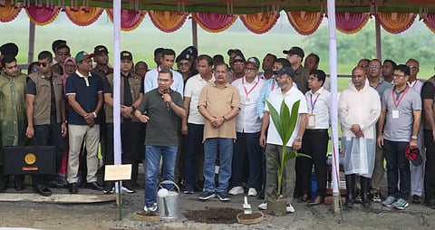 Prime Minister Tarique Rahman addresses a gathering after inaugurating a tree plantation programme on the banks of the Sarikal-Batajor canal in Gournadi upazila of Barishal on Monday.