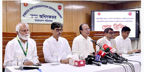 Agriculture Minister Mohammed Aminur Rashid addresses a press conference in Dhaka, announcing emergency support measures for flood-hit farmers.