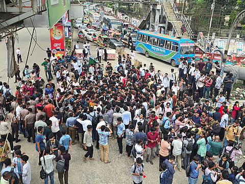 Students blocking Science Lab intersection on Tuesday.