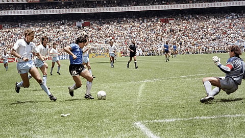 Diego Maradona about to score the 'Goal of the Century' against England in the 1986 World Cup quarterfinal