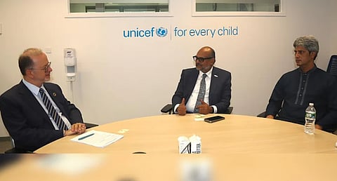 Finance Adviser Rashed Al Mahmud Titumir meets UNICEF Deputy Executive Director Ted Chaiban at UNICEF House, New York.
