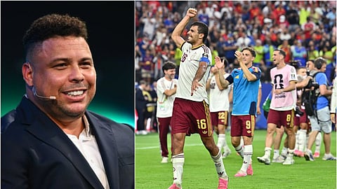 Ronaldo Nazario (L), Spain team celebrates after qualifying for the 2026 World Cup final