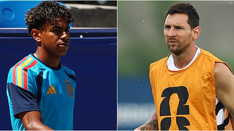Spain's Lamine Yamal (L), Argentina's Lionel Messi