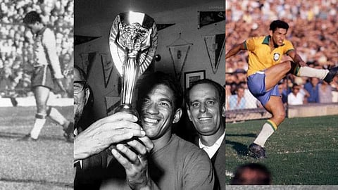 Garrincha walking off after being sent off against Chile in the semifinal (L), Garrincha celebrating with the World Cup trophy (C), Garrincha in action