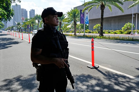 Police patrol outside the venue of the 59th ASEAN Foreign Ministers' Meeting, Post-Ministerial Conferences, and the 50th Anniversary of the Treaty of Amity and Cooperation in Southeast Asia on 20 July 2026, in Manila, Philippines.