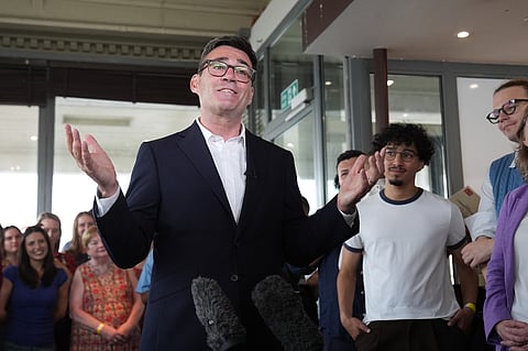 Newly confirmed Labour Party leader Andy Burnham speaks with local stakeholders and party supporters during a visit to Gravesend Town Pier, Gravesend , England, 17 July 2026.