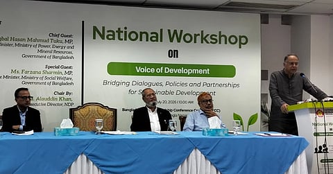 Power, Energy and Mineral Resources Minister Iqbal Hassan Mahmood Tuku speaks
at a dissemination workshop titled ‘Voices of Development’ organised by the National Development Programme (NDP) at the Bangladesh-China Friendship Conference Centre on July 20, 2026.