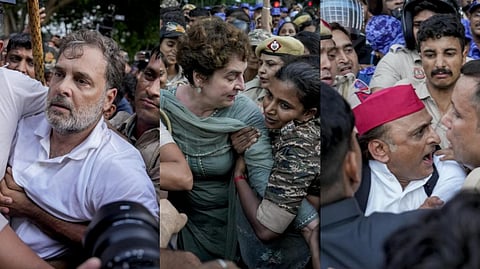 A collage showing Lok Sabha LoP Rahul Gandhi being detained along with Lok Sabha MPs Priyanka Gandhi Vadra and Akhilesh Yadav from near the PM's residence on July 21, 2026. PTI