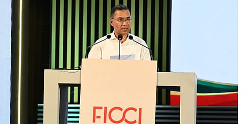 Tarique Rahman speaks at the FICCI FDI Conference 2026 at the Bangladesh-China Friendship Conference Centre in Dhaka on Thursday, calling on global investors to partner in Bangladesh's economic transformation.