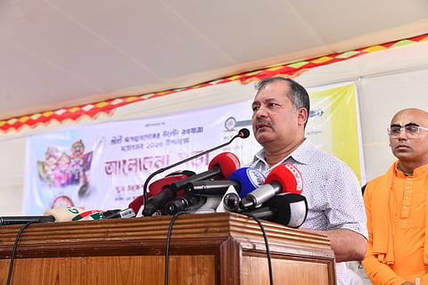 Information and Broadcasting Minister Zahir Uddin Swapon speaks as the chief guest at a discussion on the occasion of Sri Sri Jagannathdev's Ulto Rath Yatra at the Dhakeshwari National Temple.