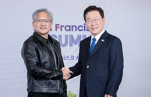 President Lee Jae-myung poses for a commemorative photo before meeting with Jensen Huang, Nvidia CEO, in San Francisco, United States, on July 24