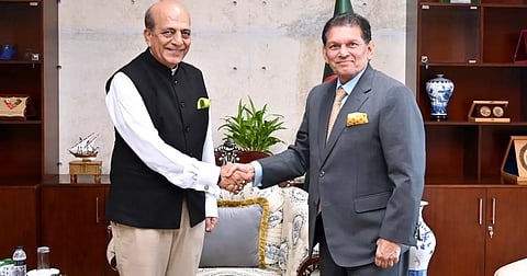 Foreign Minister Dr Khalilur Rahman shakes hands with Indian High Commissioner to Bangladesh Dinesh Trivedi during a courtesy meeting at the Ministry of Foreign Affairs in Dhaka on Wednesday.