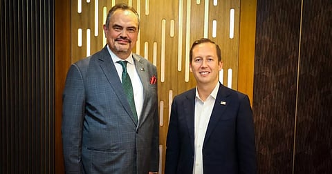 US Ambassador to Bangladesh Brent T. Christensen and US Special Envoy on South and Central Asian Affairs Sergio Gor pose for a photograph in Dhaka on Thursday.