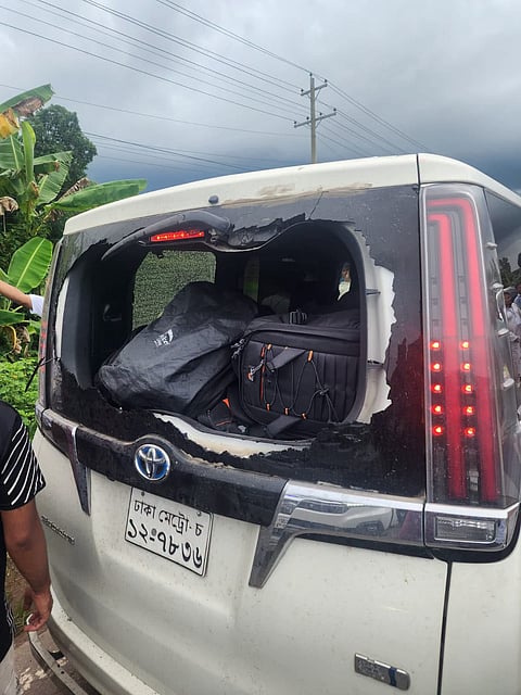 A damaged rear windshield of a vehicle in the NCP convoy which came under attack in Gopalganj on July 30, 2026.