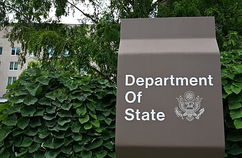 A general view of a U.S. State Department sign outside the U.S. State Department building in Washington, D.C., U.S., July 11, 2025.
