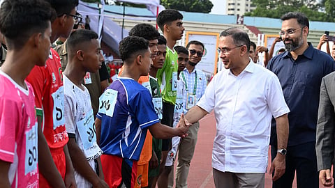 Prime Minister Tarique Rahman greets student athletes on the final day of the inaugural edition of the Notun Kuri Sports at the Bangladesh Army Stadium in Dhaka on July 27, 2026.