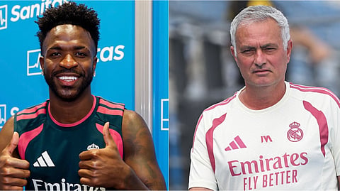 Real Madrid's Vinicius Junior (L), Real Madrid manager Jose Mourinho