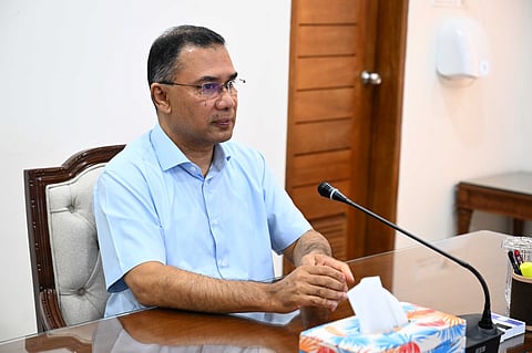 Prime Minister Tarique Rahman speaks during the meeting on Thursday.