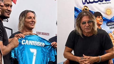 Argentine football legend Claudio Cannigia attends the final of the Dhaka Interschool Champions League 2026 held at Fortis Downtown Resort and Grounds in Dhaka on Monday.