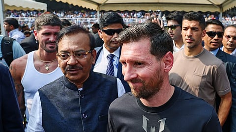 Lionel Messi with Inter Miami teammates Rodrigo De Paul and Luis Suarez at the stadium during his India tour.