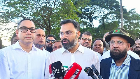 Youth and Sports State Minister Aminul Haque speaks to the media after inspecting a proposed site for a full-fledged stadium in Dakshin Surma, Sylhet.