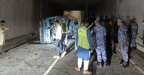 The aftermath of the accident which left three members of the Bangladesh Air Force (BAF) dead on a flyover near Hazrat Shahjalal International Airport’s third terminal on August 31, 2026.