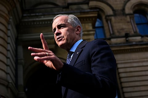Canadian PM Mark Carney speaks with members of the media at his office on Spetember 1, 2026.