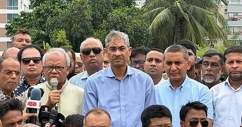 BNP Acting Secretary General Ruhul Kabir Rizvi speaks at a nationwide tree plantation campaign to mark its 48th founding anniversary near Bashundhara Convention Centre on 300 Feet Road in Dhaka on Wednesday.