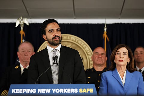 New York Mayor Zohran Mamdani speaks next to New York Governor Kathy Hochul during a press conference to ask for the release of Federal Counterterrorism Funding in New York City, US, September 1, 2026.