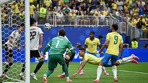 An attempt at goal from Brazil against Japan in their Round of 32 match in the FIFA World Cup 2026 in the US.