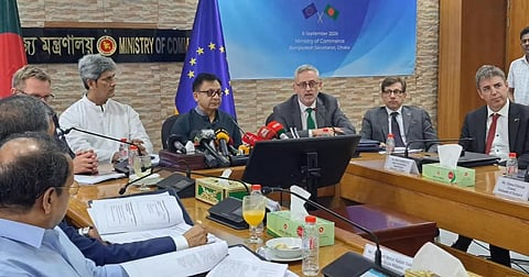 European Union Ambassador and Head of Delegation to Bangladesh Michael Miller speaking to journalists on September 6, 2026.