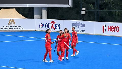 Bangladesh Under-20 Women's hockey team players celebrate a goal during their match against Pakistan at the Junior Hockey Asia Cup in China on Sunday.