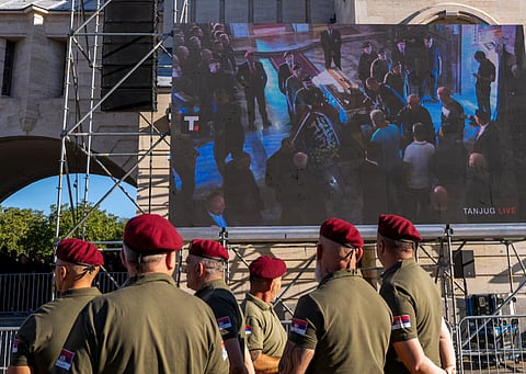 Mourners gather at the Church of St. Luke, where the body of former Bosnian Serb wartime general Ratko Mladic lies in state before burial, in Belgrade, Serbia, September 7, 2026.