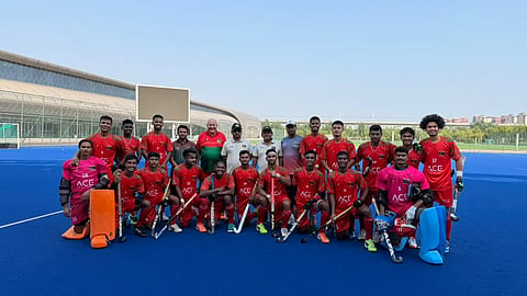 Bangladesh men's hockey team after their third practice match against China on Monday.