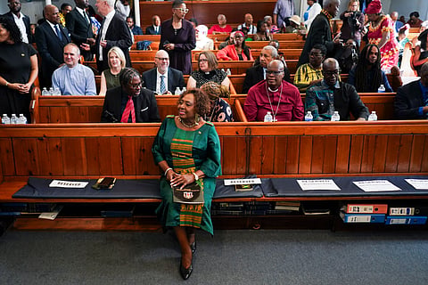 Jamaica's Minister of Culture, Gender, Entertainment and Sport, Olivia Grange, attends a service, in London, Sunday, Sept. 6, 2026, for the "remembrance, justice and repair" before filing a petition to refer three specific questions about trans-Atlantic slavery to the Judicial Committee of the Privy Council.