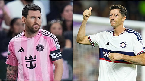 Inter Miami's Lionel Messi (L), Chicago Fire's Robert Lewandowski.