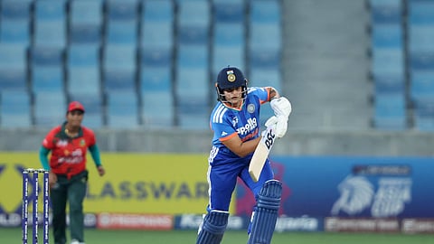 India's Shafali Verma plays a shot on her way to a half-century against Bangladesh in the semifinal of the Women's Asia Cup at the Dubai International Cricket Stadium on Thursday.