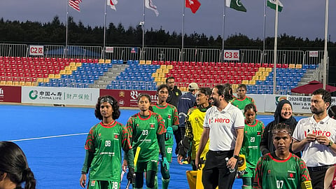 Bangladesh Under-20 Women's hockey team walk back dejected after their 0-2 defeat to Japan in the quarterfinals of the Under-20 Women’s Junior Asia Cup Hockey in Moqi, China on Thursday.