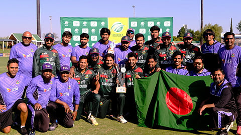Bangladesh 'A' team celebrate with the trophy after beating South Africa 'A' 1-0 in a three-match series.