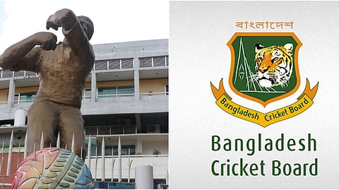 The sculpture of a wrong-footed bowler in front of Gate 2 of Mirpur's Sher-e-Bangla National Cricket Stadium (L), BCB logo.