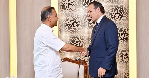 Prime Minister Tarique Rahman greets President of Chevron’s Base Assets and Emerging Countries Javier La Rosa after the latter called upon him at the Prime Minister's Office in the capital on September 13, 2026.
