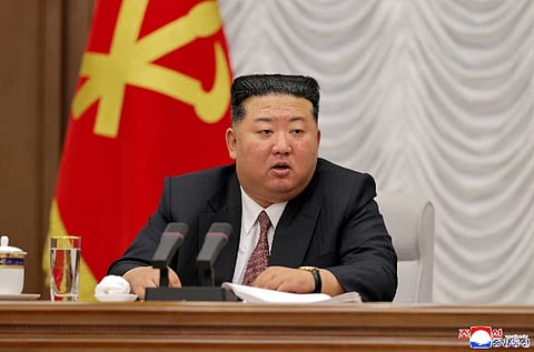 North Korean leader Kim Jong Un speaks during an enlarged meeting of the ruling Workers' Party's Central Military Commission in North Korea, July 9, 2026, in this picture released by North Korea's official Korean Central News Agency.
