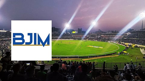 Sher-e-Bangla National Cricket Stadium in Mirpur, BJIM logo.