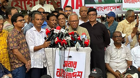 BNP Acting Secretary General and Prime Minister's Political Adviser Advocate Ruhul Kabir Rizvi speaks at the rally in front of the National Press Club on Wednesday.