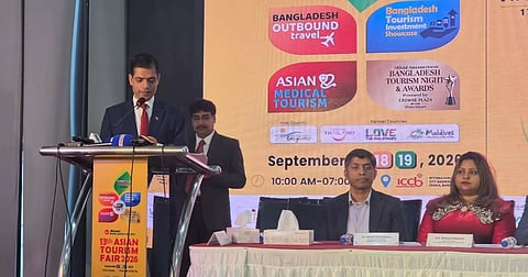 Nepalese Ambassador to Bangladesh Ghanashyam Bhandari speaks at the inaugural ceremony of the 13th Asian Tourism Fair at the International Convention City Bashundhara in Dhaka on Thursday.