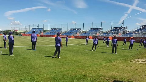 Bangladesh women's cricket team players during practice on the wet outfield ahead of their Asian Games quarter-final against China.