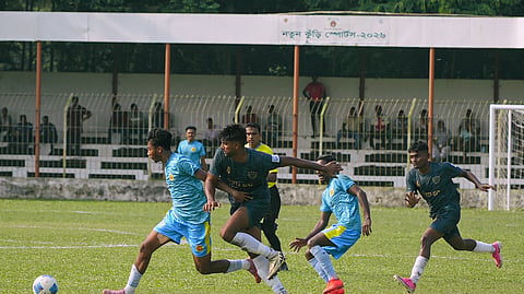 An action of the BFL match between Abahani Limited and PWD SC in Manikganj on Friday.