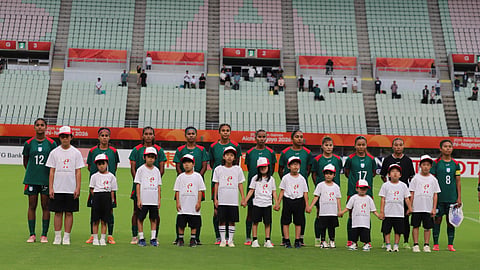 Bangladesh women's football team ahead of their Group F tie against Myanmar in Osaka, Japan at the Asian Games 2026 on Monday.