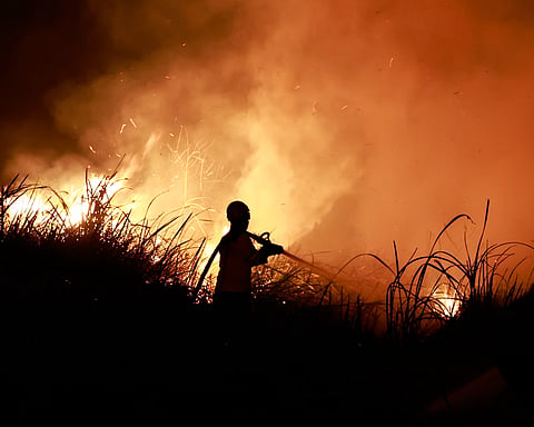 A firefighter at a wildfire in Ogan Ilir, Sumatra, Indonesia.